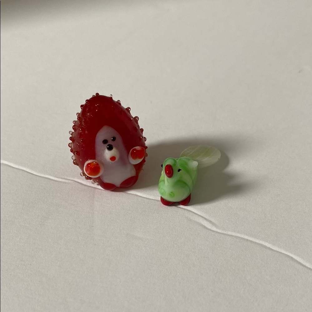 Set of 2 Blown Glass Animals Hedgehog and Bird